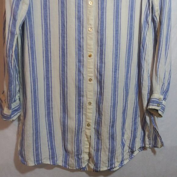 Antibes Blanc Linen  Blue White Stripe Collared Button Down Tunic Shirt Size M - Picture 3 of 9